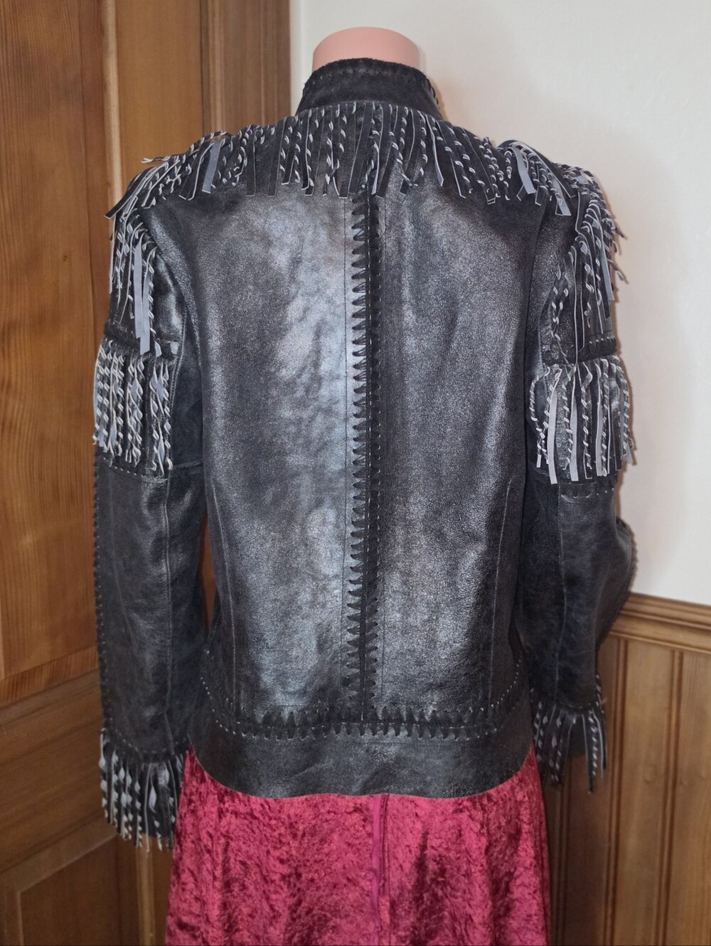 NWOT Vntg Double D Ranch Paint Your Wagon Black Leather Fringe Whipstitch Jacket - Picture 7 of 12